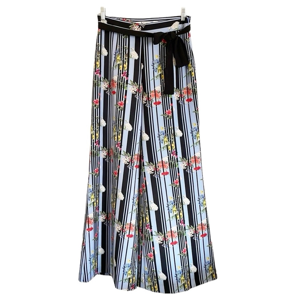 Lena Gabrielle LG Wide Leg Palazzo Blue Black Floral Stripe Pants size 6